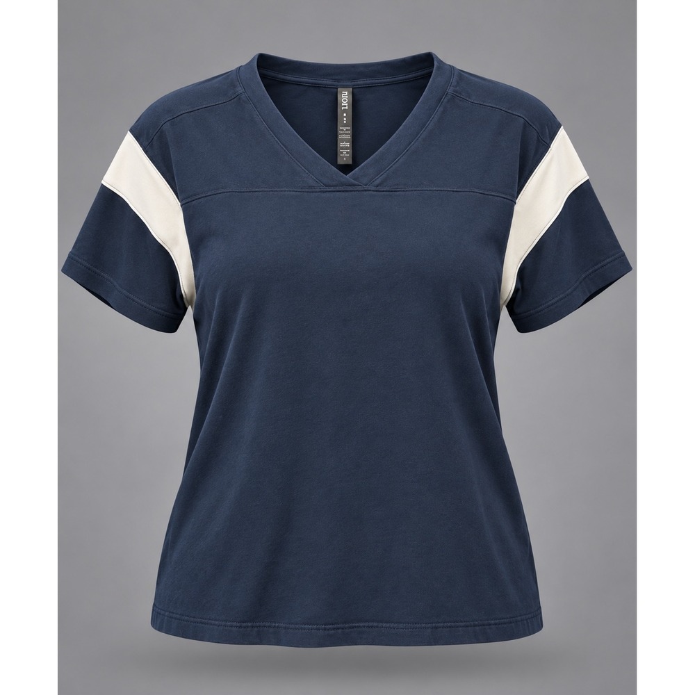 Vuori Womens Short Sleeve V-Neck Tee Navy Blue Cream Stripe VW1550 Size M